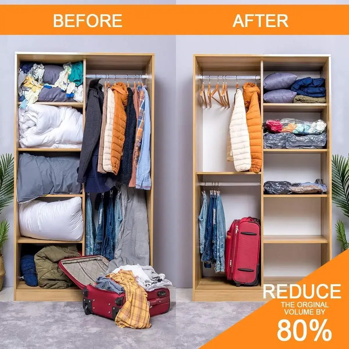 valise à roulettes rouge avec roues et fermetures éclair noires, placée à proximité d’un lot de 20 sacs de rangement sous vide « space saver », tailles variées, pour une organisation efficace de l’espace de rangement.