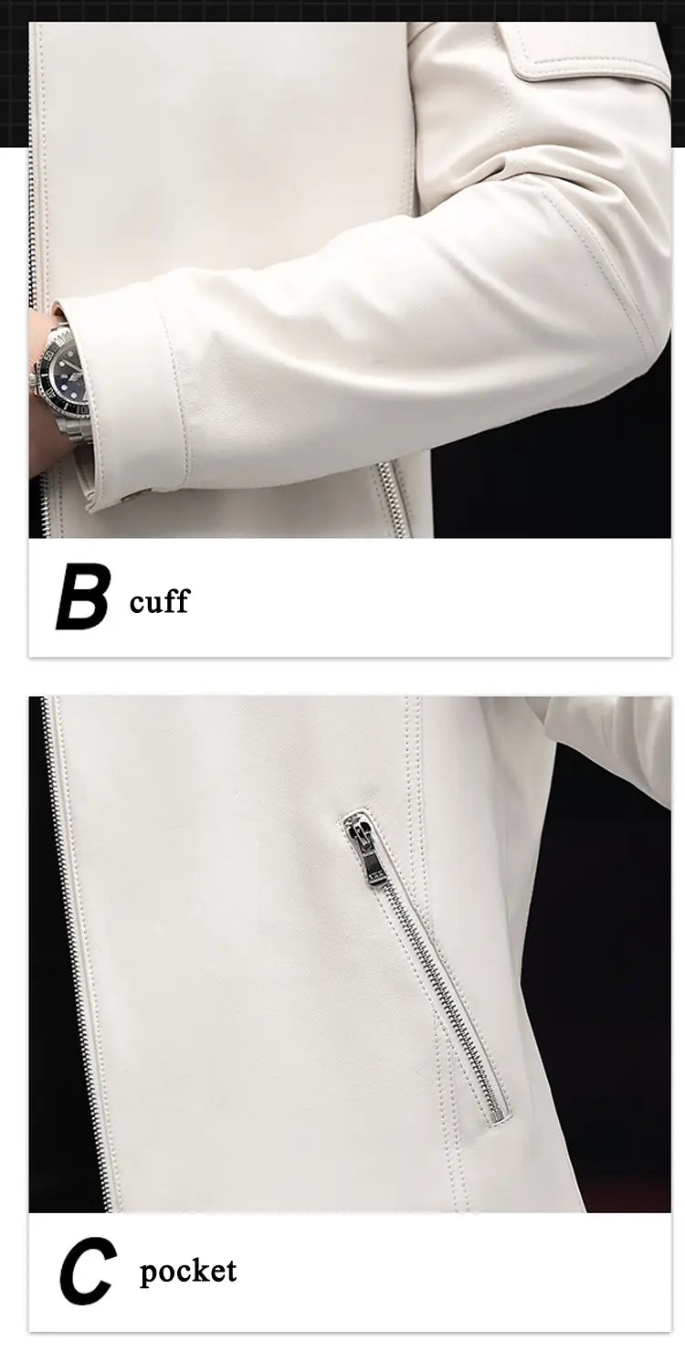 Veste en cuir blanc pour homme, manteau professionnel masculin d’hiver à coupe ajustée, montrant le poignet avec poche à fermeture éclair dans une veste en cuir blanc, pour un style professionnel masculin simple.