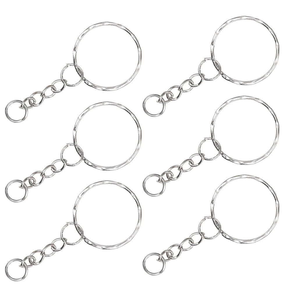silver-toned metal keychains with hammered circular split rings and short chain links for secure attachment.