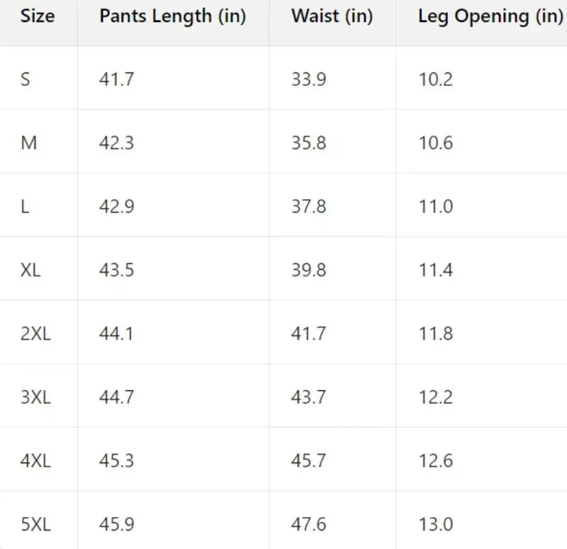 Size chart in inches for men tactical cargo joggers outdoor work pants detailing measurements across sizes s to 5xl.