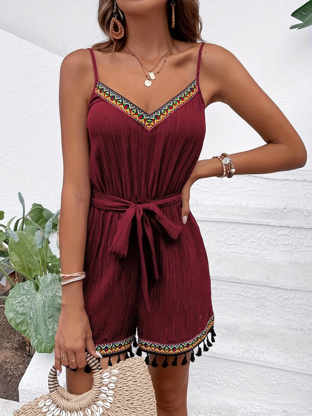 Ethnic Colorful Tassel Trim Texture Pure Color Strap Jumpsuit And Belt Short Pants One-Piece Suit with National Style Details