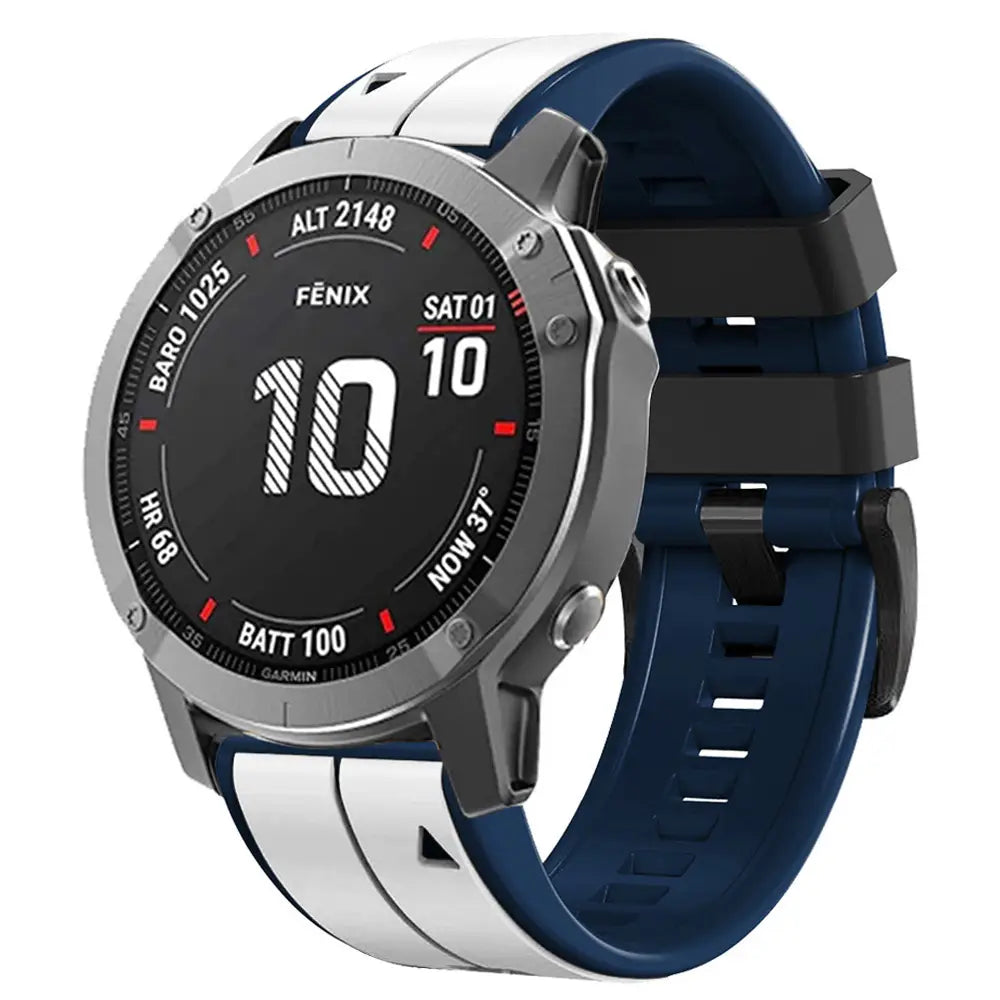 Garmin Fenix 6 Smartwatch mit schwarzem und silbernem Gehäuse sowie dunkelblauem Silikonarmband, mit Akzenten in Weiß, entwickelt für die Modelle Garmin Fenix und Garmin Forerunner.