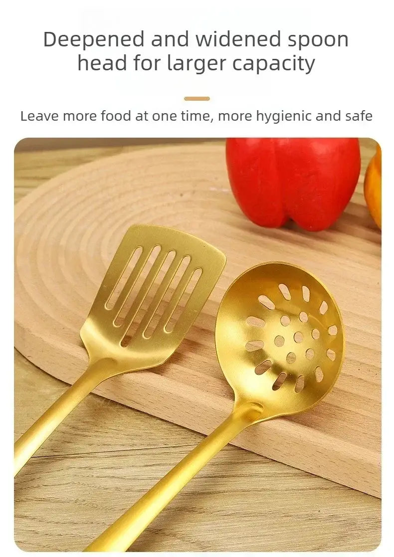 Gold kitchen utensil set stainless steel cooking tools featuring gold-colored utensils with a deepened and widened spoon head for larger capacity.
