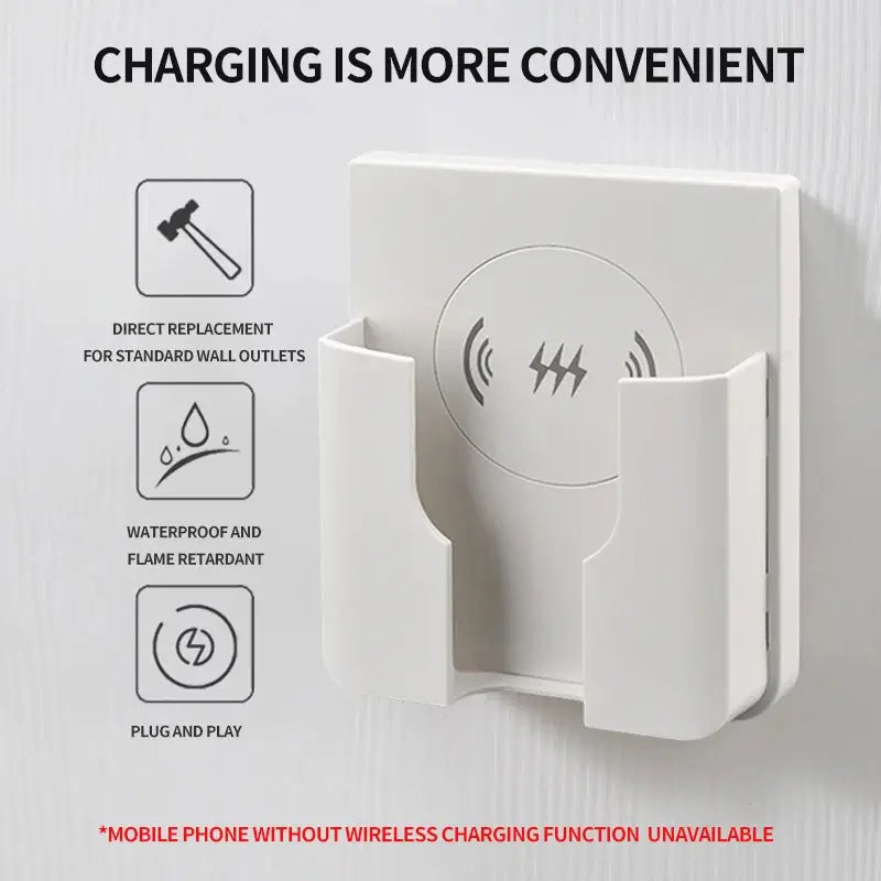 White plastic 15w in-wall wireless fast charger with a circular induction pad and integrated holder mounted on the wall.