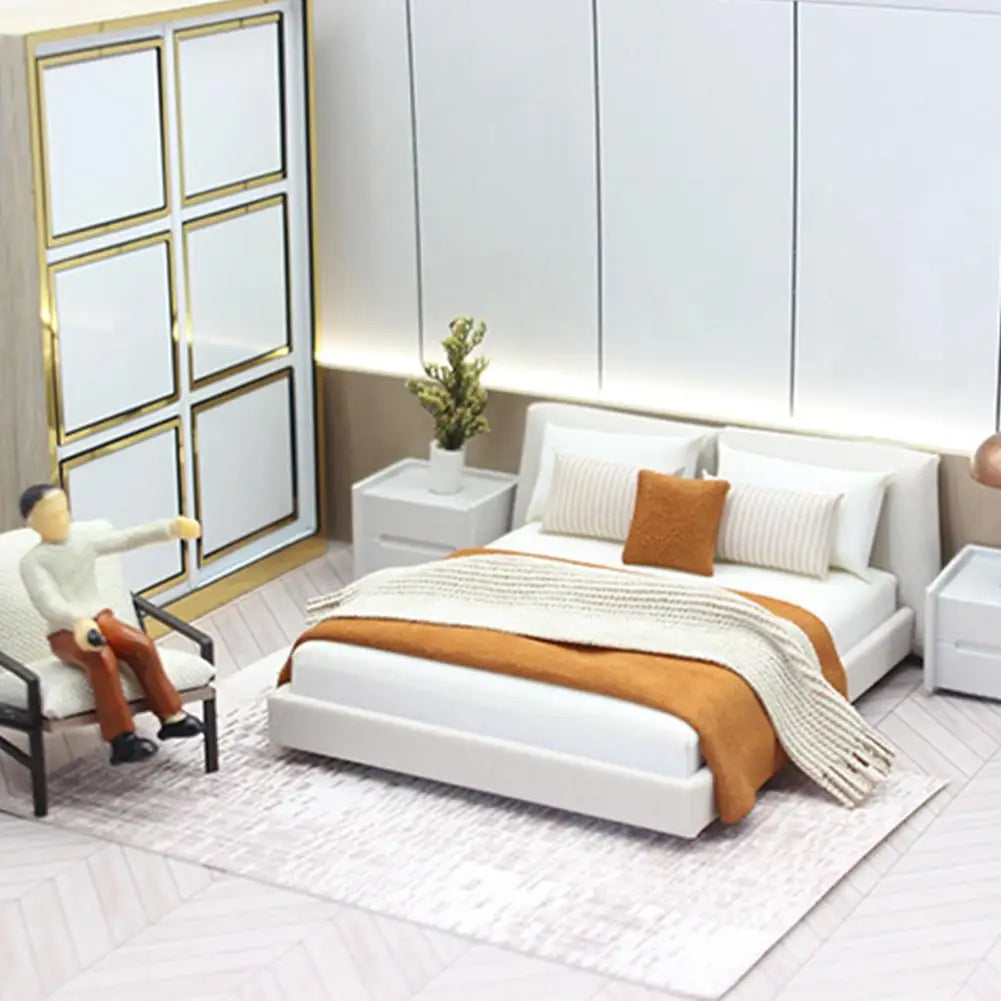 Bedroom Miniature Double Bed And Beddings New Cream Style Miniature Furniture Realistic Modern Interior Design Room Scene