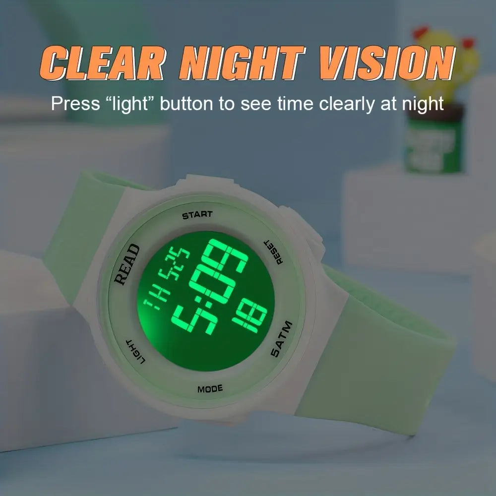 A light green women digital led watch with a white bezel and matching silicone strap featuring a glowing green led display for clear night vision and waterproof sport use.