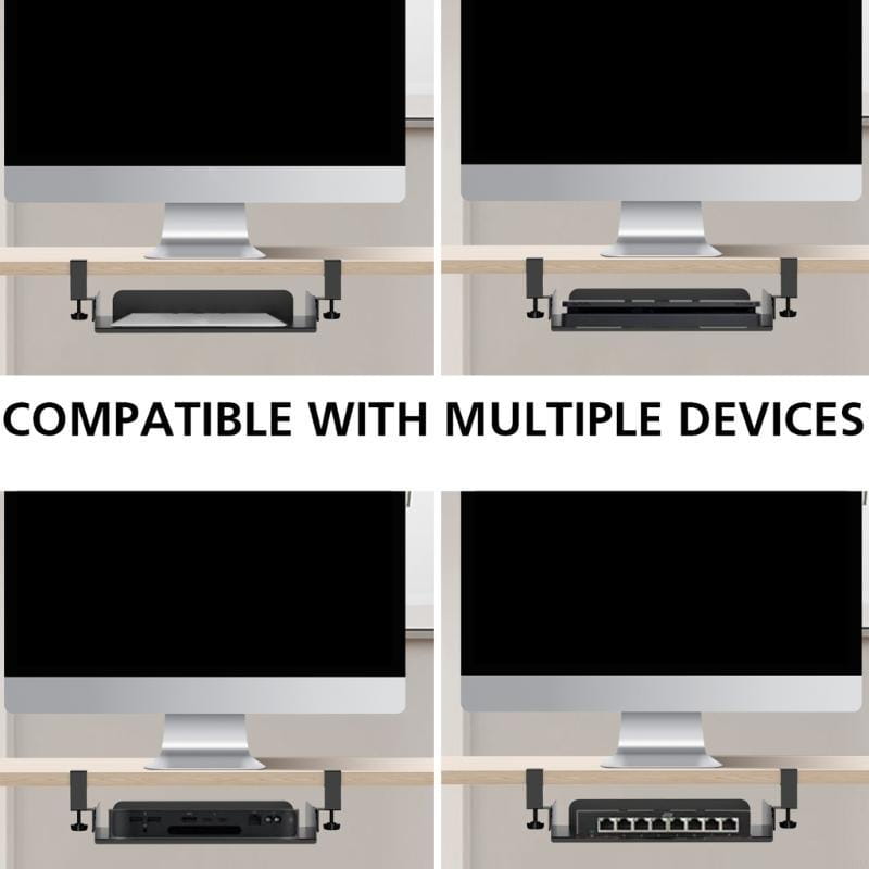 Black adjustable under desk laptop tray with silver clamps mounted on a wooden surface featuring cable management organizer functionality.