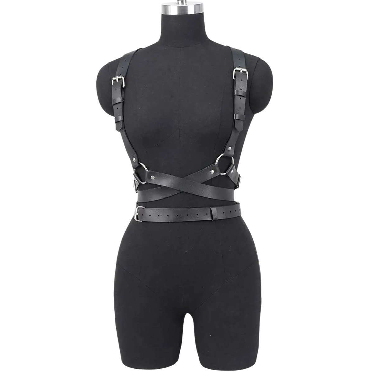 Correa de arnés de pecho de cuero negro estilo punk gótico con cuero negro, correas ajustables y hebillas metálicas, mostrada desde el frente.