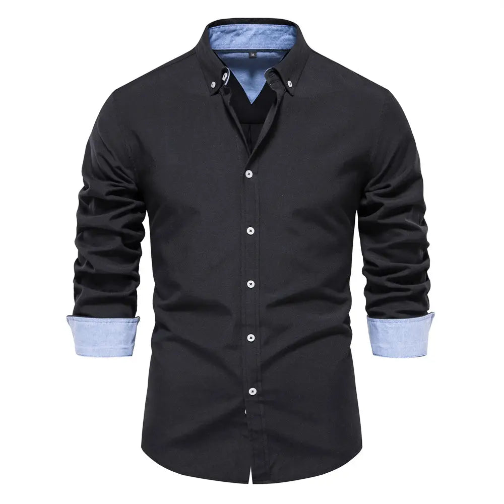 Black dress shirt with light blue inner lining and cuffs featuring a contrast collar long sleeve design ideal for fashion social shirts.