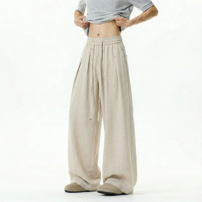 Mens Casual Pants Breathable 2026 new straight leg pants man Summer Drawstring Loose Drape Fit Solid Color Trendy Lightweight