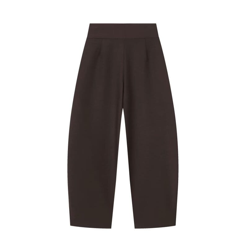 Pantalons taille haute plissés à jambes évasées marron foncé en tissu lisse et élégant, avec des plis avant subtils.