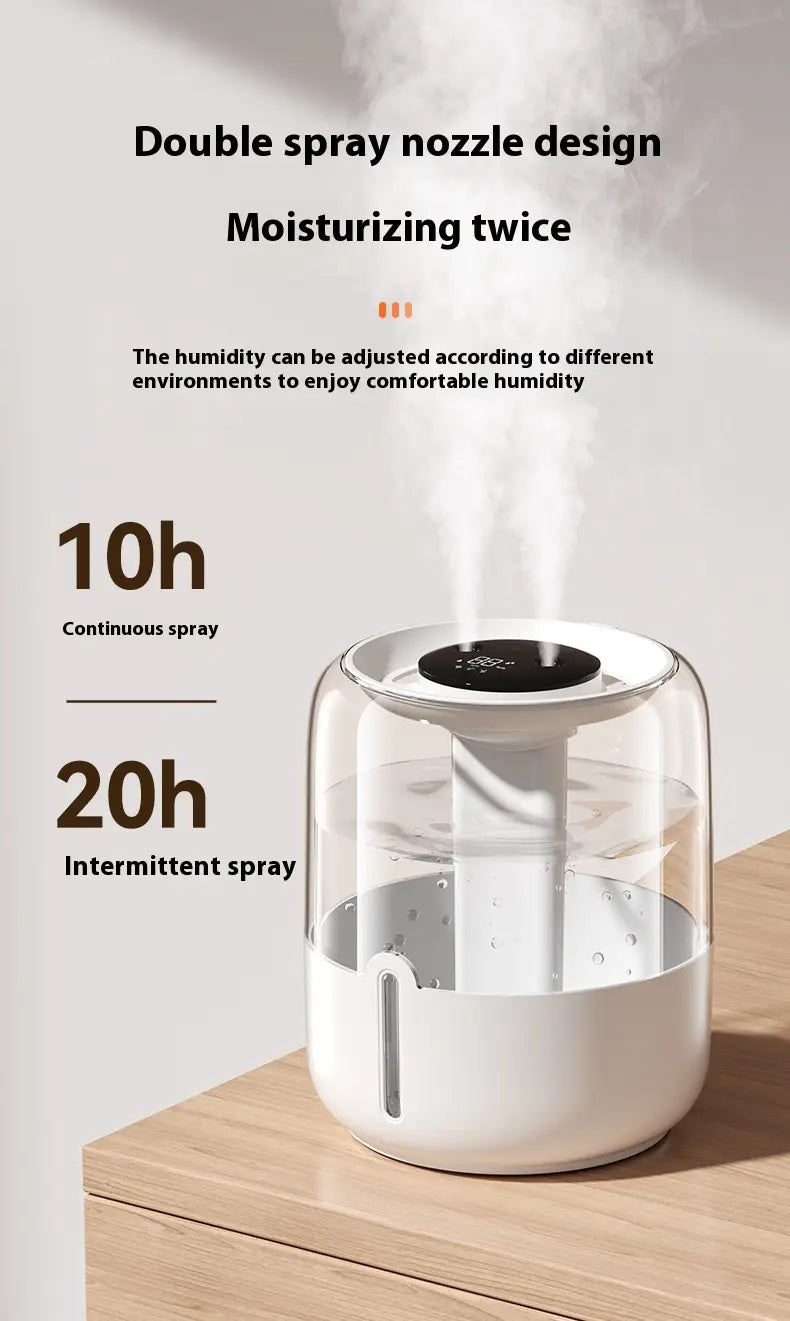 Humidificador de aire inteligente de doble niebla de 3,8 l en vidrio blanco y transparente, con un diseño moderno y elegante que incorpora dos boquillas de pulverización para un ajuste de la salida de niebla.
