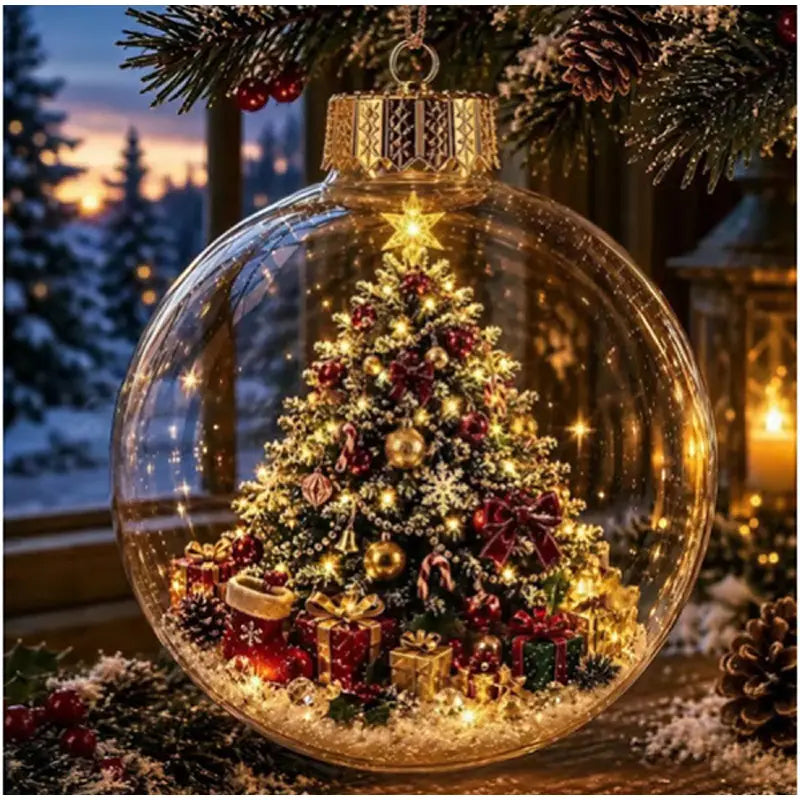 Une boule d’ornement de Noël en verre transparent illuminée, présentant à l’intérieur un petit arbre décoré avec des lumières dorées, des ornements rouges et verts, des cadeaux enveloppés et des flocons de neige.