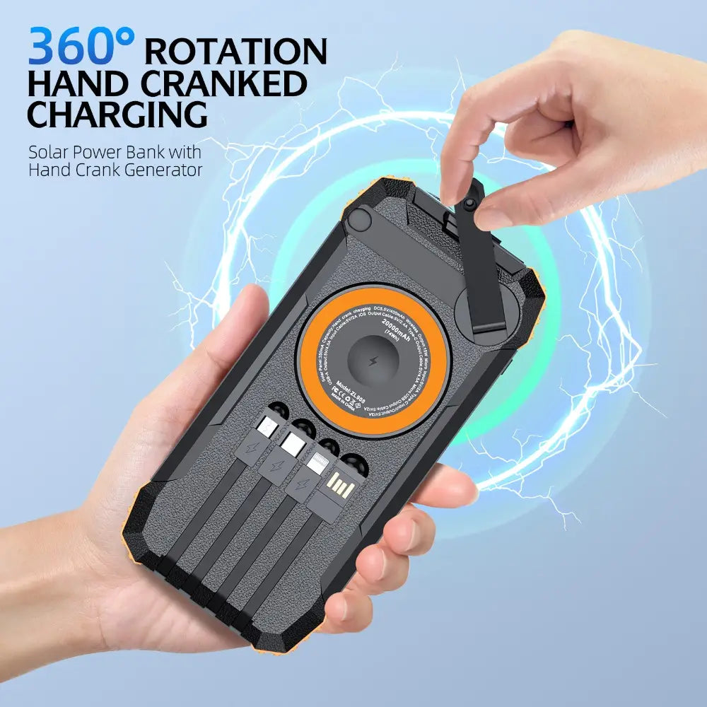 Black rugged 50000mah solar power bank with hand crank generator and orange circular charging port for outdoor use.