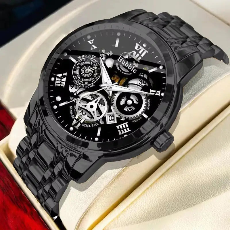 Black stainless steel uthai men quartz chronograph watch v009 with skeletonized dial roman numerals and visible gears