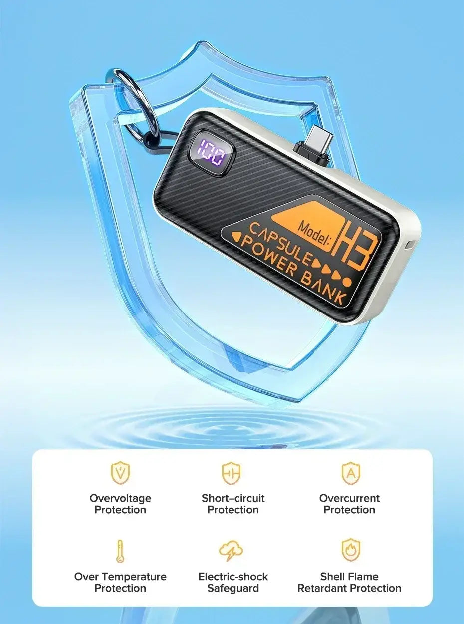 Black and silver capsule-shaped portable power bank with digital display showing 100 percent charge and an orange model h3 label featuring a usb-c port for fast charging