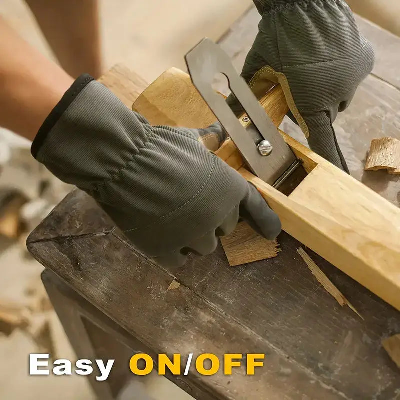 Gray touchscreen work gloves with reinforced fingertips and adjustable wrist strap designed for precision woodworking tasks for men and women.