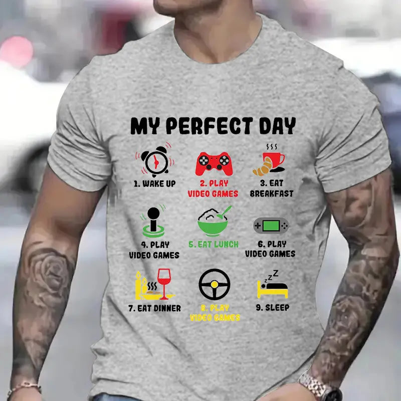 Graues meliertes Baumwoll-T-Shirt für Herren mit einer farbenfrohen Gamer-Perfekt-Tag-Grafik mit Symbolen und Text zur Beschreibung täglicher Aktivitäten.