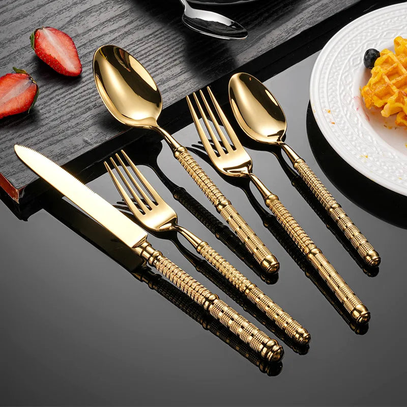 5/Pcs Gold Cutlery Set 304 Stainless Steel Tableware Silver Dinner Retro Embossed Handle Kitchen Dinnerware Cutlery Utensils