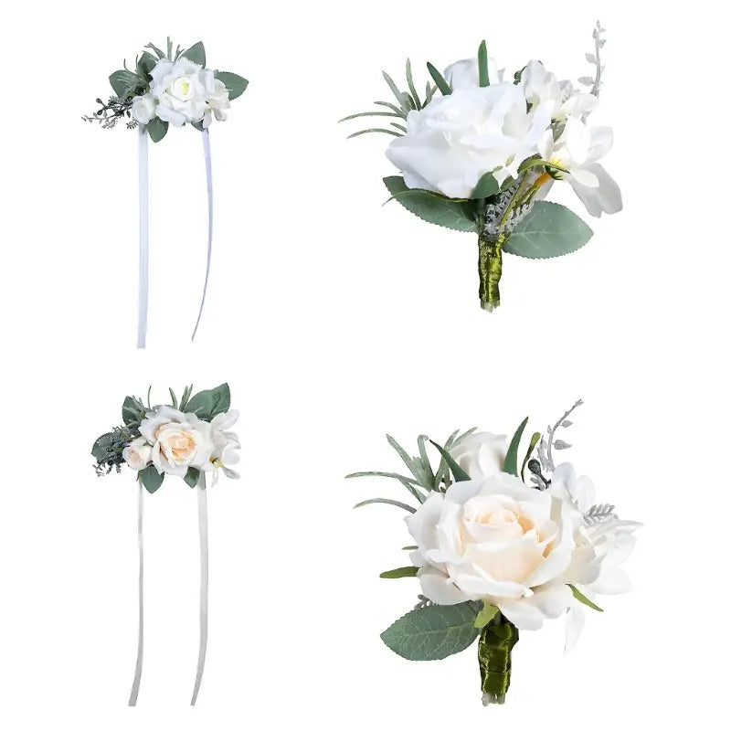 Hochzeitsrosen-Boutonniere aus Seidenblumen, Zubehör mit weißen und cremefarbenen künstlichen Blumen und grünem Blattwerk für formelle Anlässe.