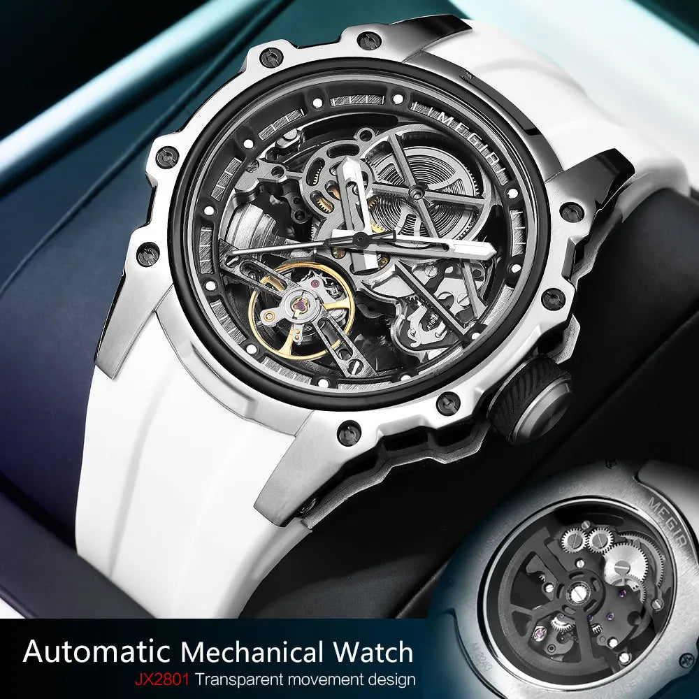 MEGIR Automatic Mechanical Sport Watch for Men Fashion Waterproof Luminous Wristwatch with Silicone Strap SKeleton Dial 2243
