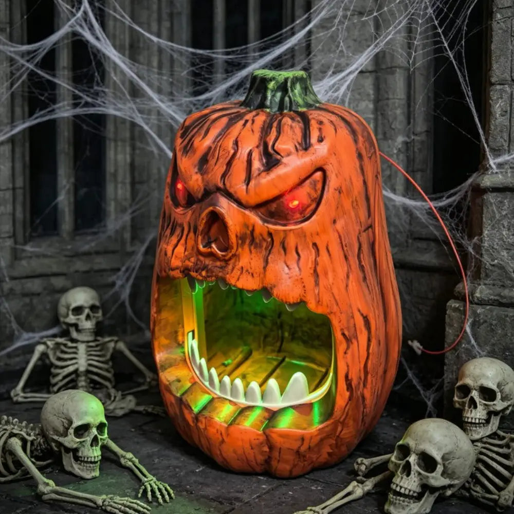 caja de almacenamiento para caramelos con calavera de calabaza de Halloween con ojos rojos brillantes, iluminación interior verde y una cara naranja tallada de forma siniestra con dientes blancos afilados.