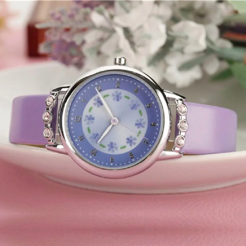 Children Kids Watches Casual Fashion Cute Flowers Students Watch Life Waterproof PU Leather Strap Quartz Wrist Watch For Girl