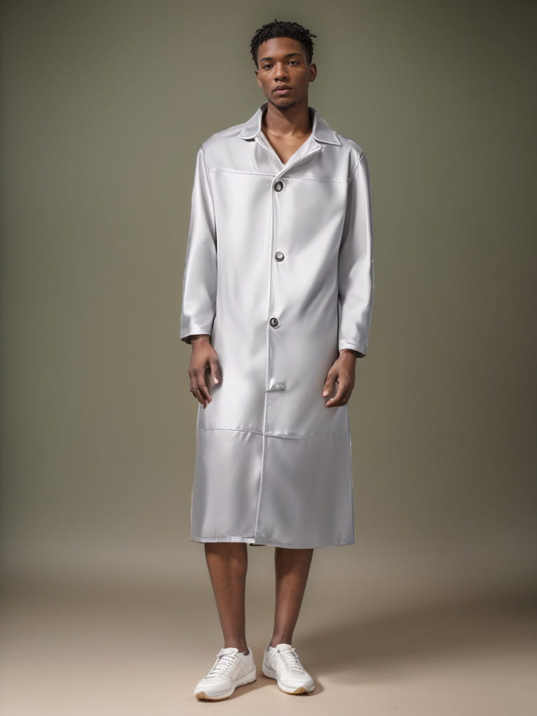 un élégant trench-coat long en satin d’argent pour homme, avec col classique et fermeture boutonnée, issu des longues vestes en cuir, collection goth