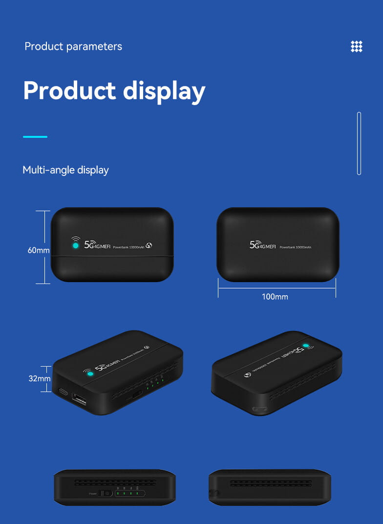Schwarze rechteckige LTE-Powerbank mit einer Kapazität von 10.000 mAh, mit USB-Anschlüssen und einer grünen LED-Anzeige für externes Laden-WLAN und die Nutzung eines Lade-WLAN-Routers.