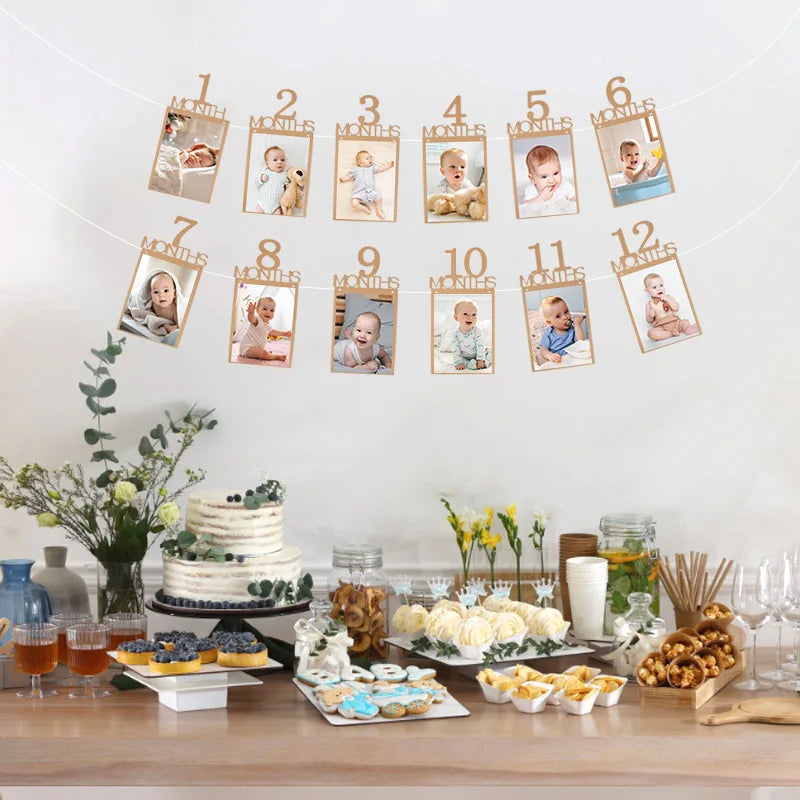 Birthday Baby One Year 12 Months Photo Banner Boy Girl 1 Year First Birthday Party Picture Photo Frame Garland Anniversary Decor