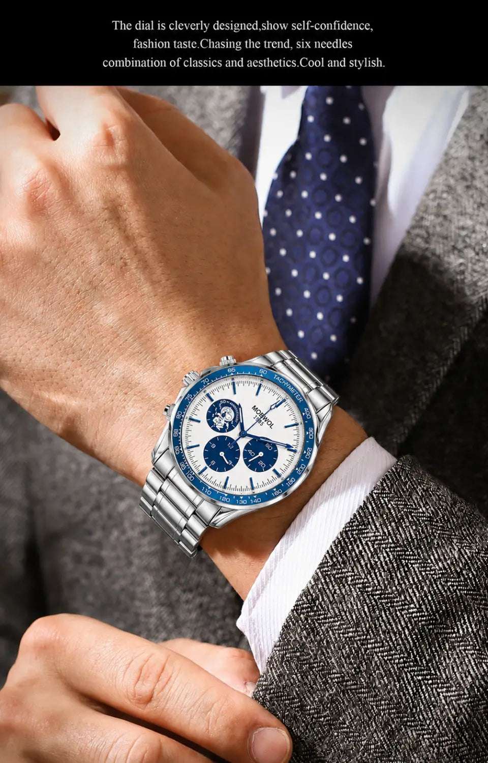 Herren-Silber-Chronograph-Quarzarmbanduhr aus Edelstahl mit weißem Zifferblatt, blauen Akzenten auf der Lünette und den Hilfszifferblättern sowie drei kleineren Zifferblättern mit kunstvollen Uhrwerksdesigns.