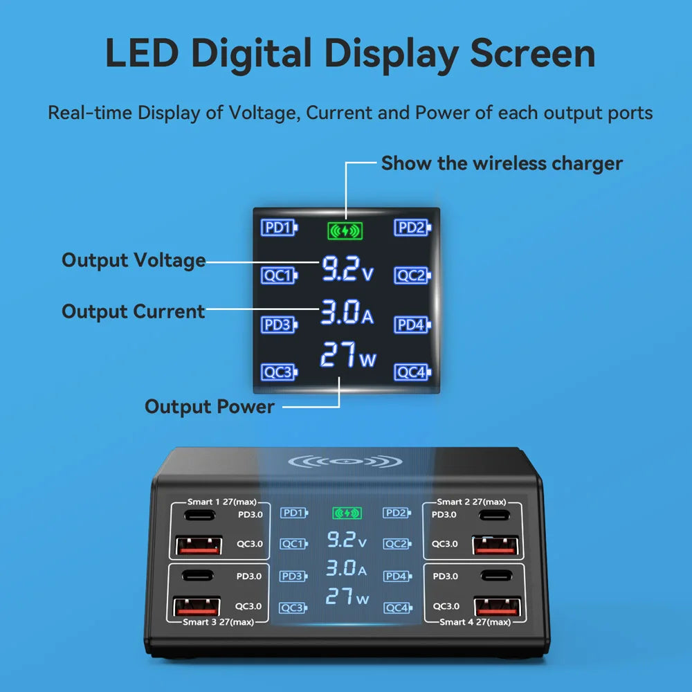 100W QC PD3.0 USB Charger Wireless Chargers Quick Charge 8 Port Charger Fast Charger Charging Station  For IPhone 12 13 Xiaomi