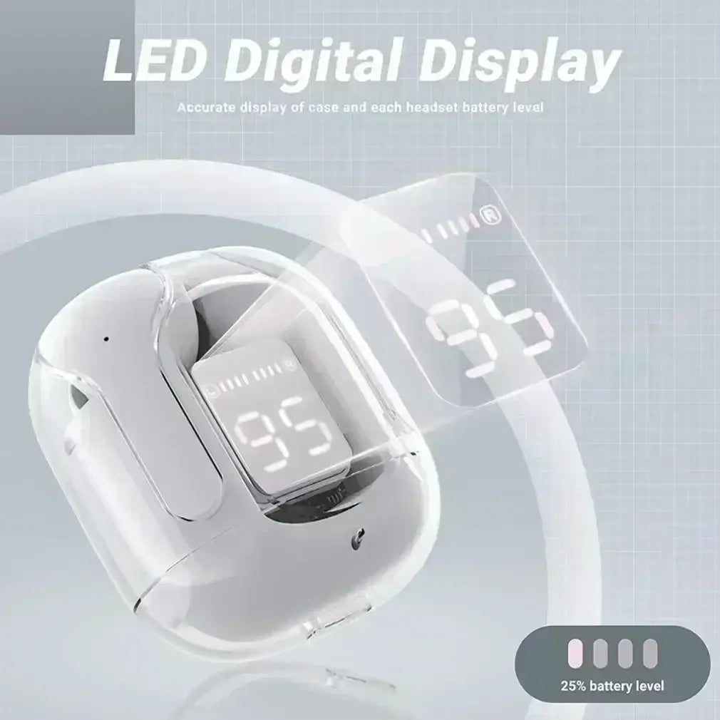 White wireless earbuds charging case with transparent lid and led digital display showing battery levels featuring bluetooth chip technology