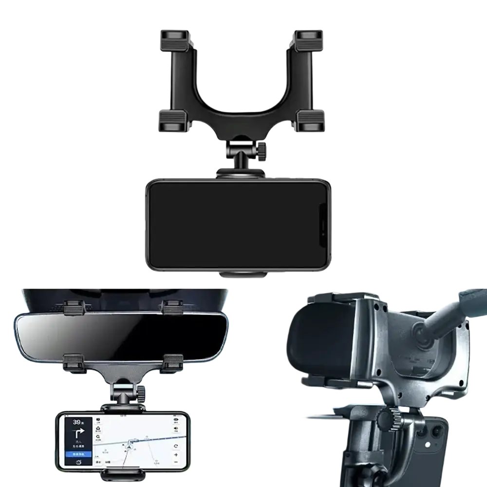 Black universal car phone holder with adjustable clamp and swivel base for rearview mirror mounting and secure phone support