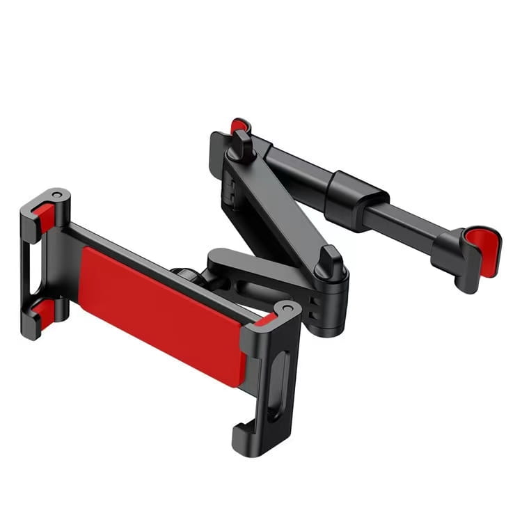 Soporte para tableta para reposacabezas de automóvil ajustable negro y rojo con un diseño articulado elegante para una sujeción segura de dispositivos de 4,7 a 13 pulgadas.