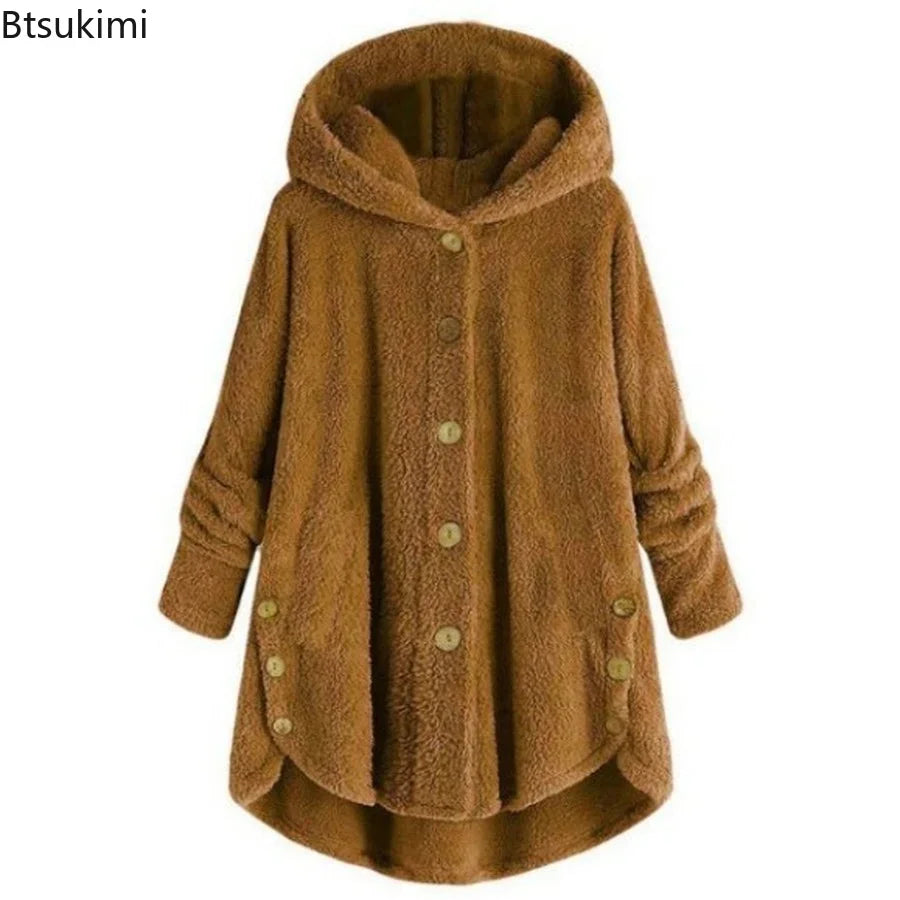 Autumn Winter Women's Warm Coats Fashion Plush Jackets Loose Casual Irregular Long Sleeve Hooded Windproof Jackets Women Outwear