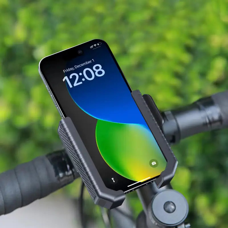 Soporte resistente para teléfono de bicicleta en color negro que sujeta un teléfono inteligente con seguridad en un soporte universal de GPS para manillar para uso en ciclismo.
