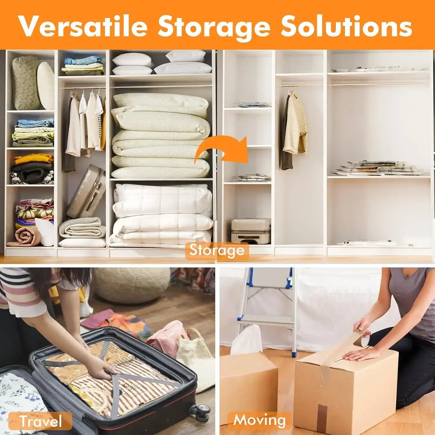 bacs de rangement en plastique blanc avec couvercles transparents disposés avec soin dans un système d’armoire, mettant en avant les sacs de rangement sous vide, lot de 20, tailles variées « space saver », pour une organisation efficace de l’espace de rangement.