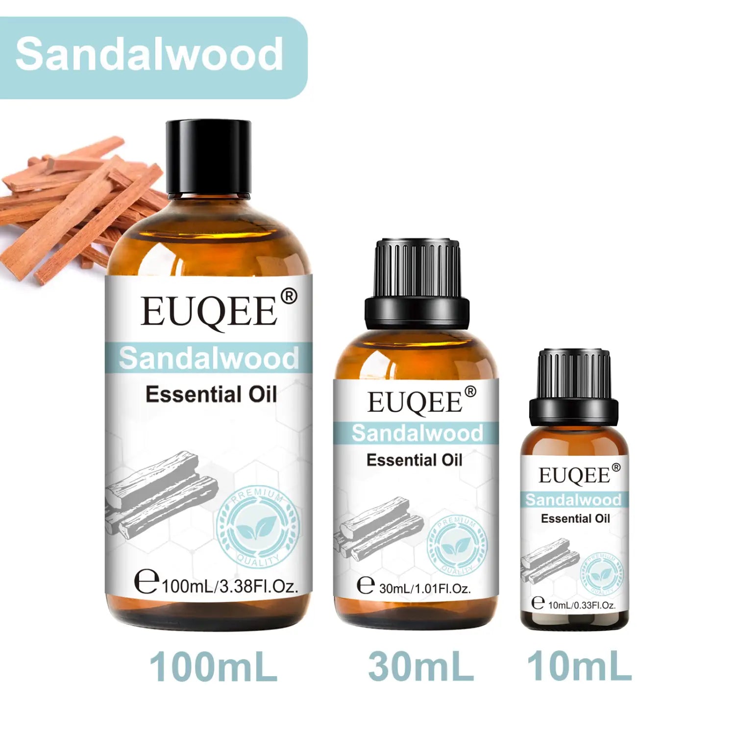 three amber glass bottles of euqee sandalwood essential oil in 10ml 30ml and 100ml sizes with black caps for pure aromatherapy use