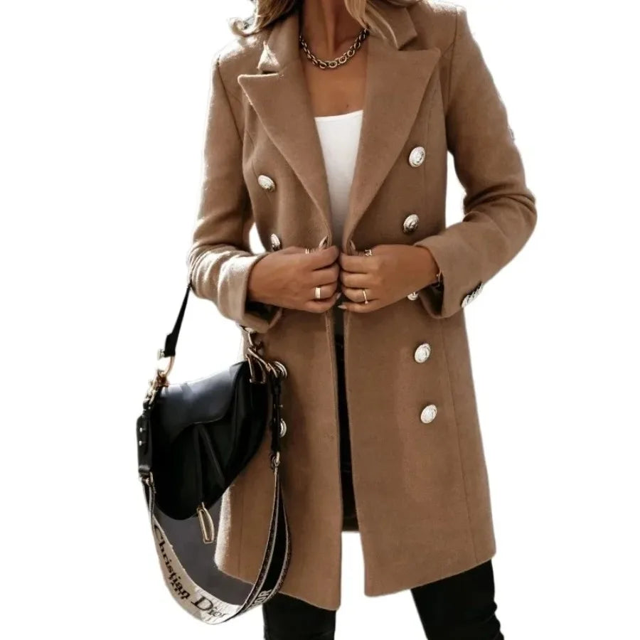 New Women's Autumn Winter Wear Coat Long-sleeved Suit Collar Double-breasted Slim Long Jackets Solid Fashion Wool & Blends Coats