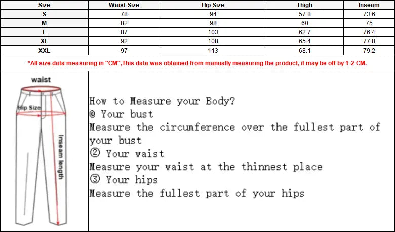 Guide des tailles pour les jeans denim skinny extensibles déchirés style Y2K pour hommes, indiquant les mesures de la taille, des hanches et de la poitrine en centimètres pour les tailles de S à XXL, avec des instructions sur la manière de mesurer chaque zone.
