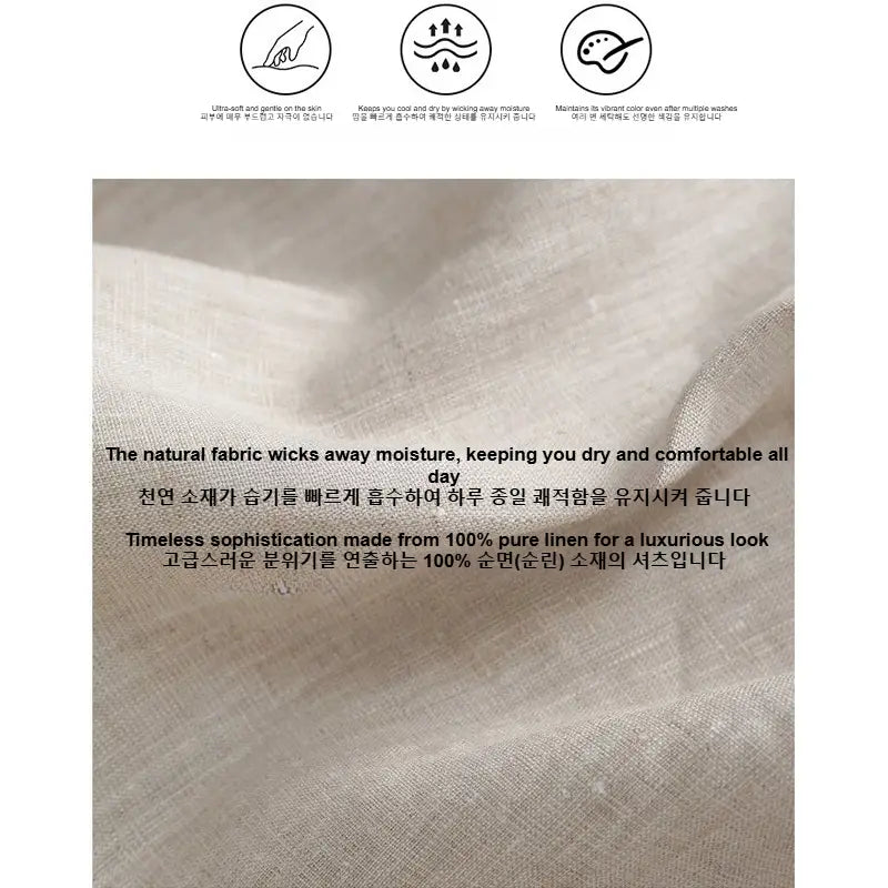A men’s linen mandarin collar shirt made of soft light beige linen fabric with a subtle textured weave.