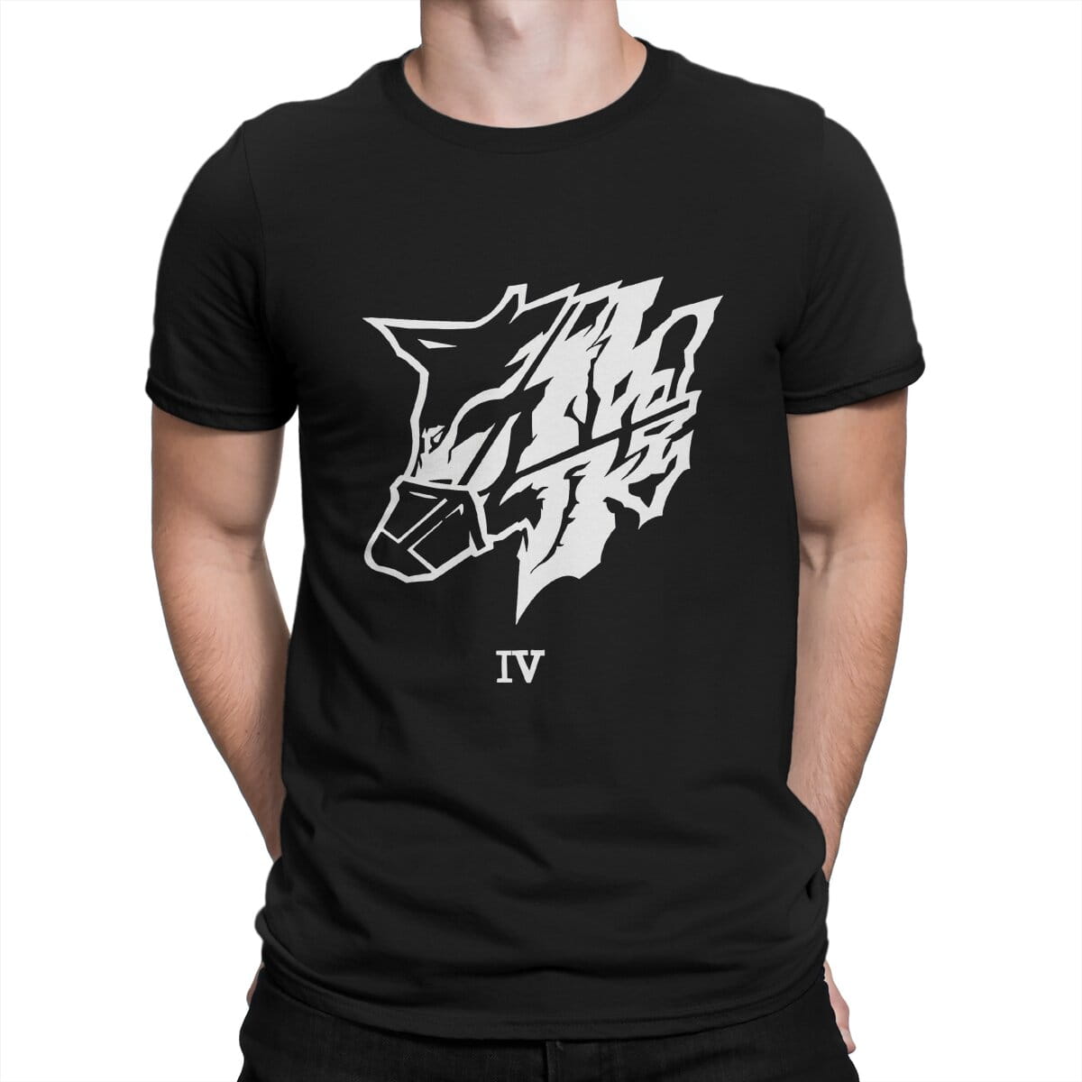 Schwarzes T-Shirt aus Baumwolle mit kurzen Ärmeln und auffälligem weißem Graffiti-artigem Motiv eines stilisierten Wolfskopfs mit darunter gedruckter römischer Zahl IV; Steel Haze Wolf Graphic Herren-Baumwollt-Shirt.