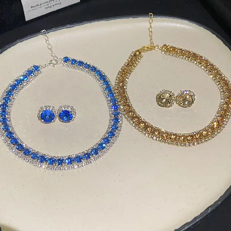 blue and gold rhinestone crystal necklace and earring set with matching stud earrings perfect for pink ab wedding jewelry.