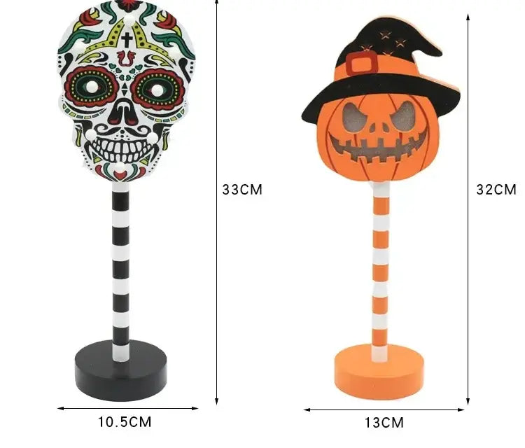 Zwei Halloween-LED-Nachtlicht-Wasserschutz-Dekoständer, mit farbenfrohem Zuckerschädel-Design und einem orangefarbenen Kürbis, der eine schwarze Hexenhut trägt.