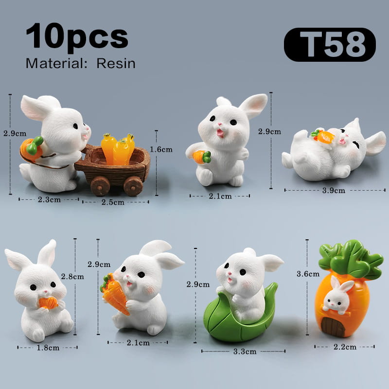ensemble de dix figurines miniatures de lapins en résine blanche présentant de mignons visages de style dessin animé et des designs ludiques sur le thème des carottes, pour la décoration d’un jardin féerique.