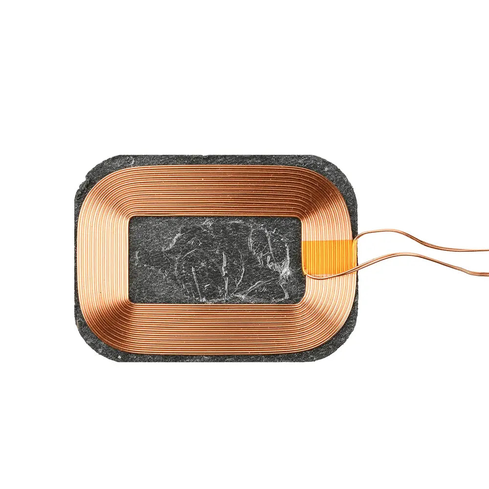 Rectangular copper coil 5w wireless charging receiver module with black textured base and orange connector for 3.7v battery charging.