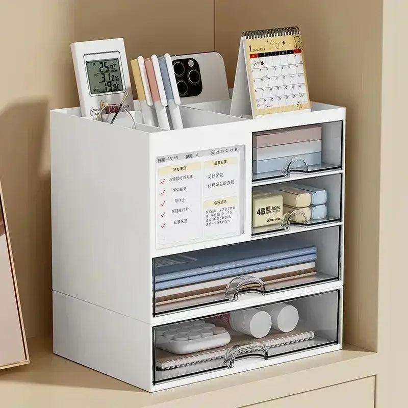 White plastic desk organizer with clear drawers and a top compartment holding stationery digital thermometer and calendar for office organization.