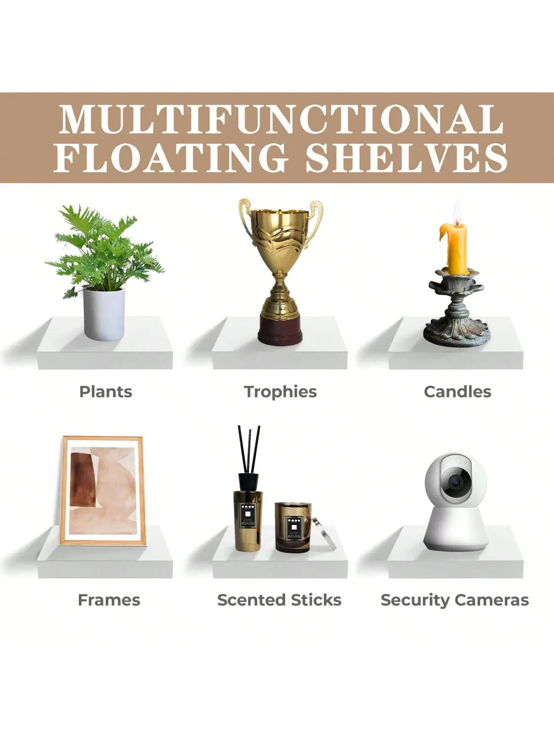 gold trophy with a dark brown base displayed on a black modern wood wall organizer serving as a decor display stand and display shelf.