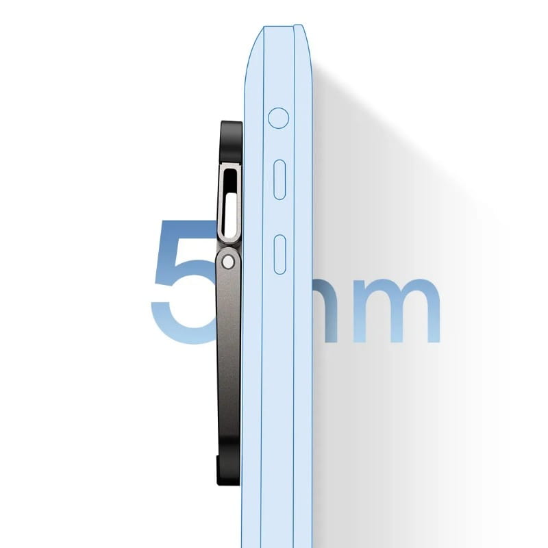 ein hellblaues Smartphone mit schwarzer Abdeckung des Ladeanschlusses, dargestellt neben einem tragbaren Mini-Aluminium-Laptopständer zur Notebook-Unterstützung mit elegantem, minimalistischem Design
